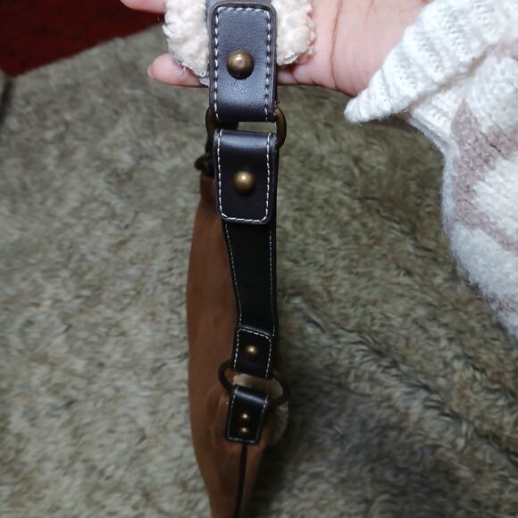 Old Navy Brown Faux Suede Sherpa Shoulder Bag Quilted Flap Buckle Boho Y2K - Picture 11 of 11